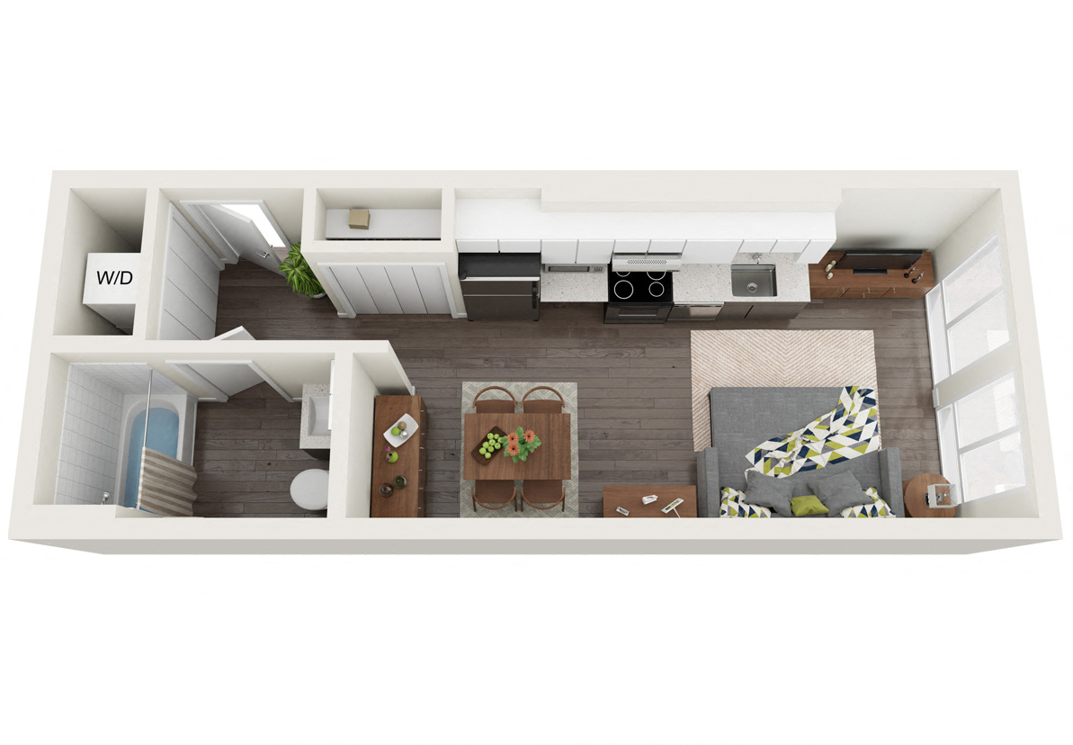 Floor plan for studio, 1 bath, 386 sqft